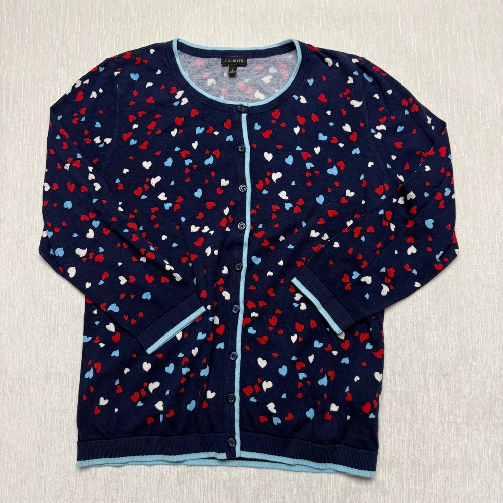 Talbots Cardigan Sweater Heart Print Women Large Navy Blue Knit Cotton Romance